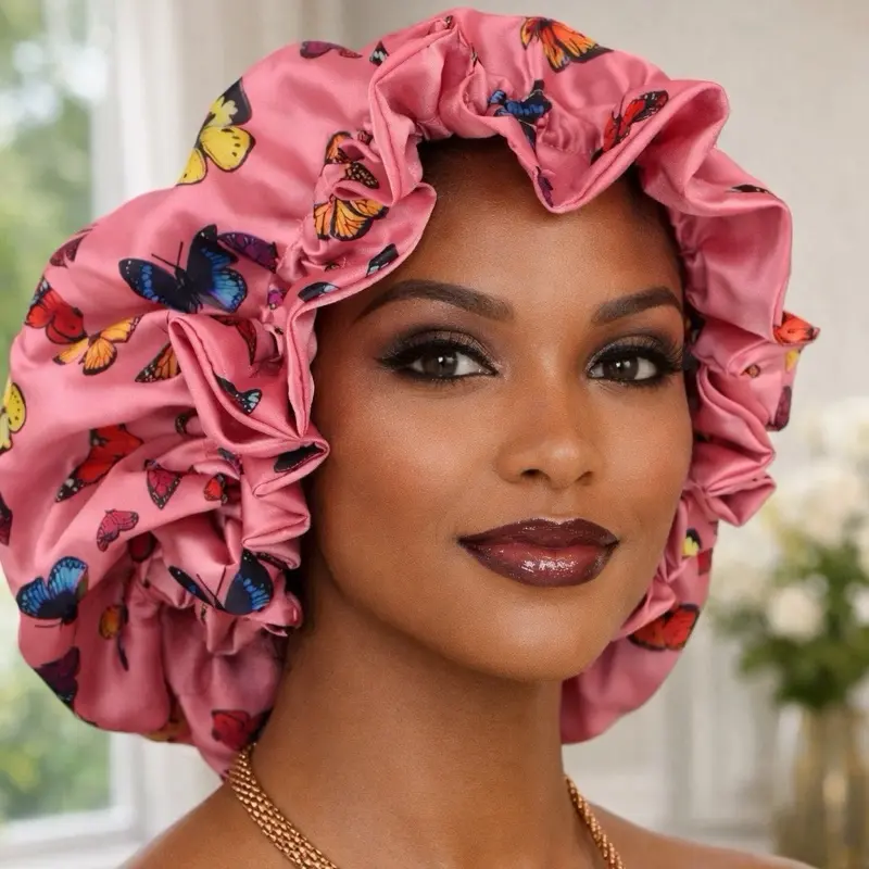 Double-Layered Butterfly Pattern Fashionable Sleep Cap Silk Satin Bonnet for Comfortable Night Sleep Pink