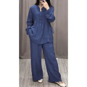Spring and Autumn New Fashion Comfortable Linen Long Sleeve Half-Open Casual Pleated Wide-Leg Pants Set |   Solid Color, Ideal for Casual Wear