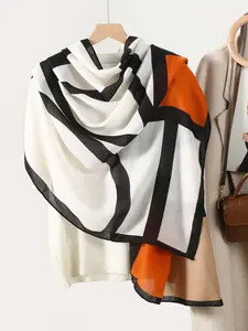 Women's Elegant Geometric Pattern Scarf, Soft Comfortable Letter Geometry Colorblock Shawl, Travel Date Vacation Thin Wrap, Fashion Accessory