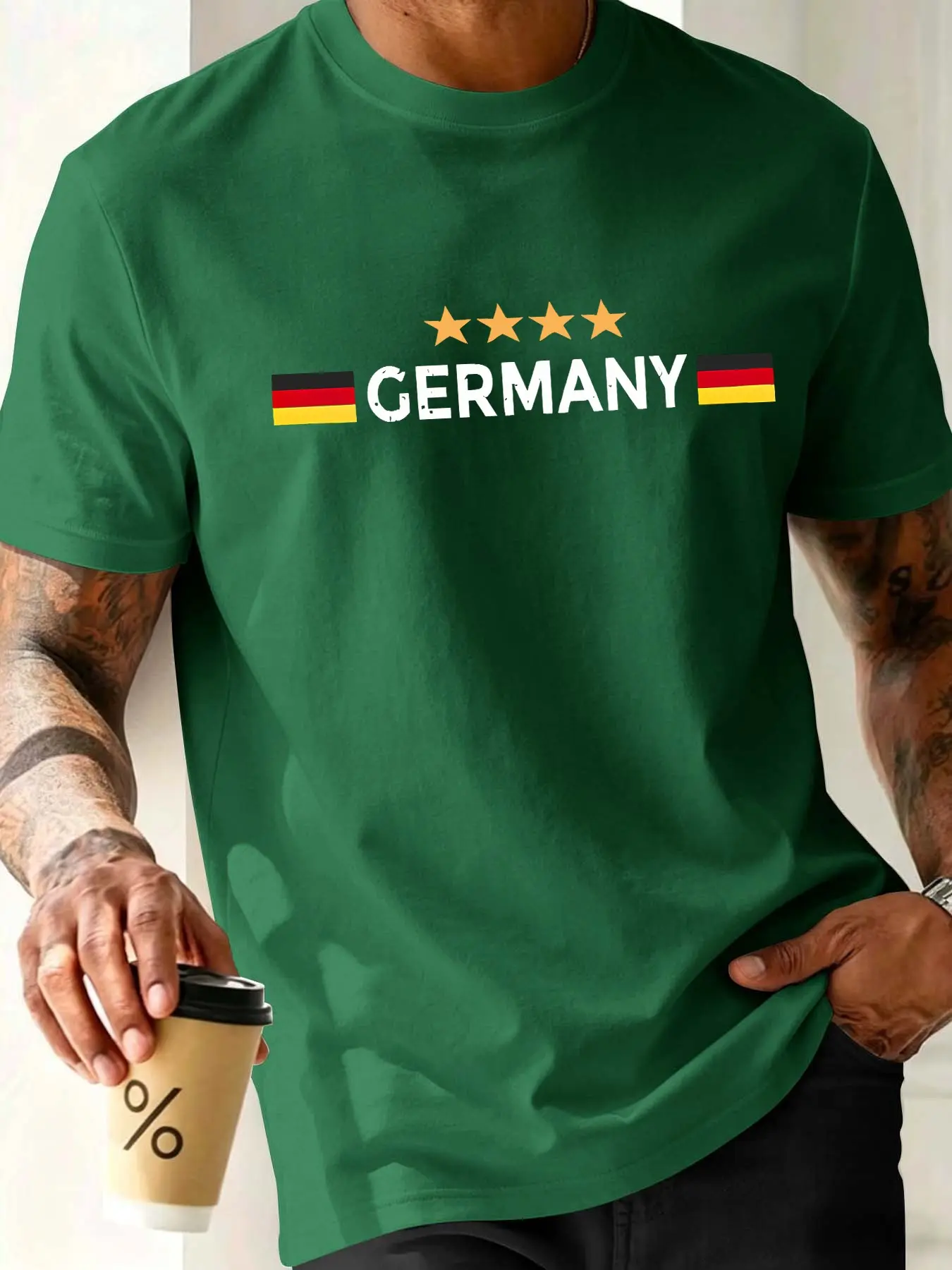 Men's Casual Streetwear Fashion Round Neck Short Sleeve T-Shirt, Slim Fit Top, German Theme Print, Summer New Outdoor Clothing, Geometric Pattern