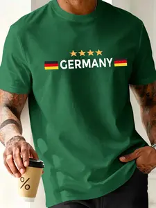 Men's Casual Fashion Round Neck Short Sleeve T-Shirt, Slim Fit Top, German Theme Print, Summer New Outdoor Clothing, Geometric Pattern