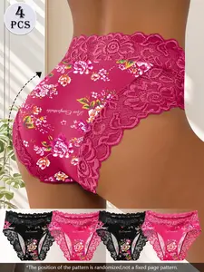 4-Pack Women's Triangle Underwear, Elegant Floral Lace Waistband, Soft Breathable Fabric, All Seasons, Perfect for Vacation, Daily Wear, Dates, Soft Breathable Panties