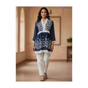 Navy Blue Embroidered Tunic Top with White Lace Trim Top-59 Elegant Women's Fashion Top with Detailed Embroidery and Decorative Lace Trim