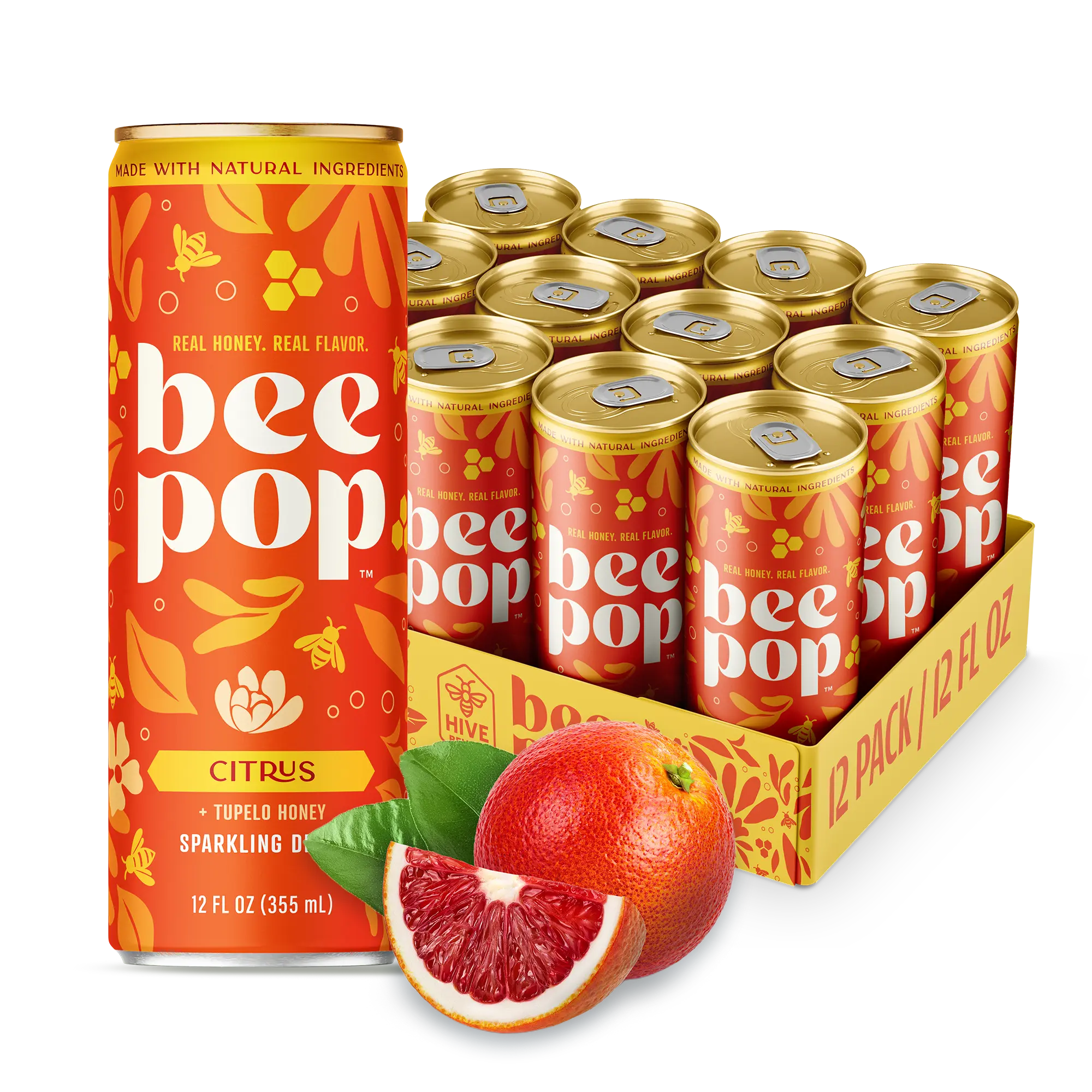 BeePop Citrus Tupelo Honey Prebiotic Sparkling Drink – 12 Pack