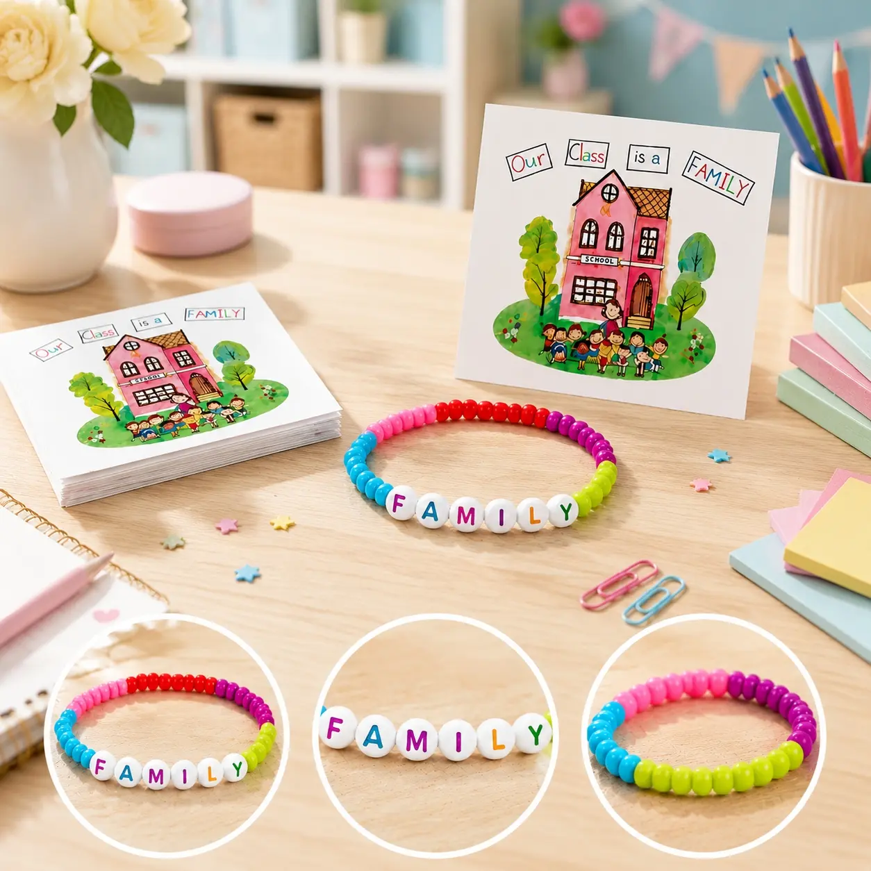 25 Sets of Back to School Friendship Bracelets Set, Colorful Childrens Gift with Family Theme Card for Students, Teachers & Class Party Favors, Back To School Shopping, Friendship Bracelets, Portable Bags, Color-Coded Messages, Card Gift