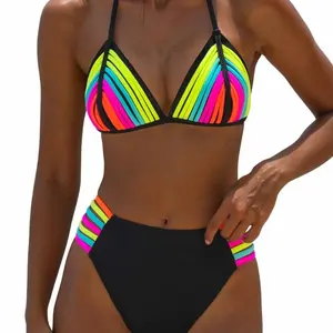 NWT Popvil Neon Triangle Halter Black Rainbow High Cut Swimsuit Medium