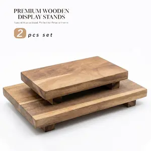 2 pcs set Twine Footed Wood Serving Board Decorative Tray Decor, Kitchen Table Decor or Kitchen Counter Decor, Acacia Wood Riser