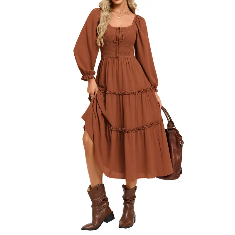【Grace Karin】Women's U-Neck Long Sleeve Non-Stretch Polyester A-Line Dress - Pull-On Shirred Bodice, Tiered Layer Midi, Agaric Lace, Casual, Pockets, Soft Comfortable