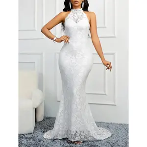 Women lace dress elegant white halter neck sleepveless backless Sexy Slim high waist hips bridesmaid bandeau formal evening dress Wedding Sleeveless wedding guest dresses