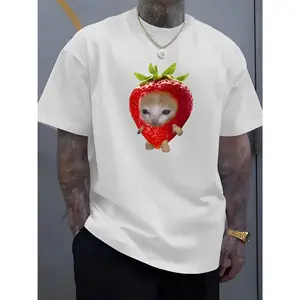 Summer Fashion Casual Simple Cartoon Cute Strawberry Cat Sticker Print Round Neck T-Shirt