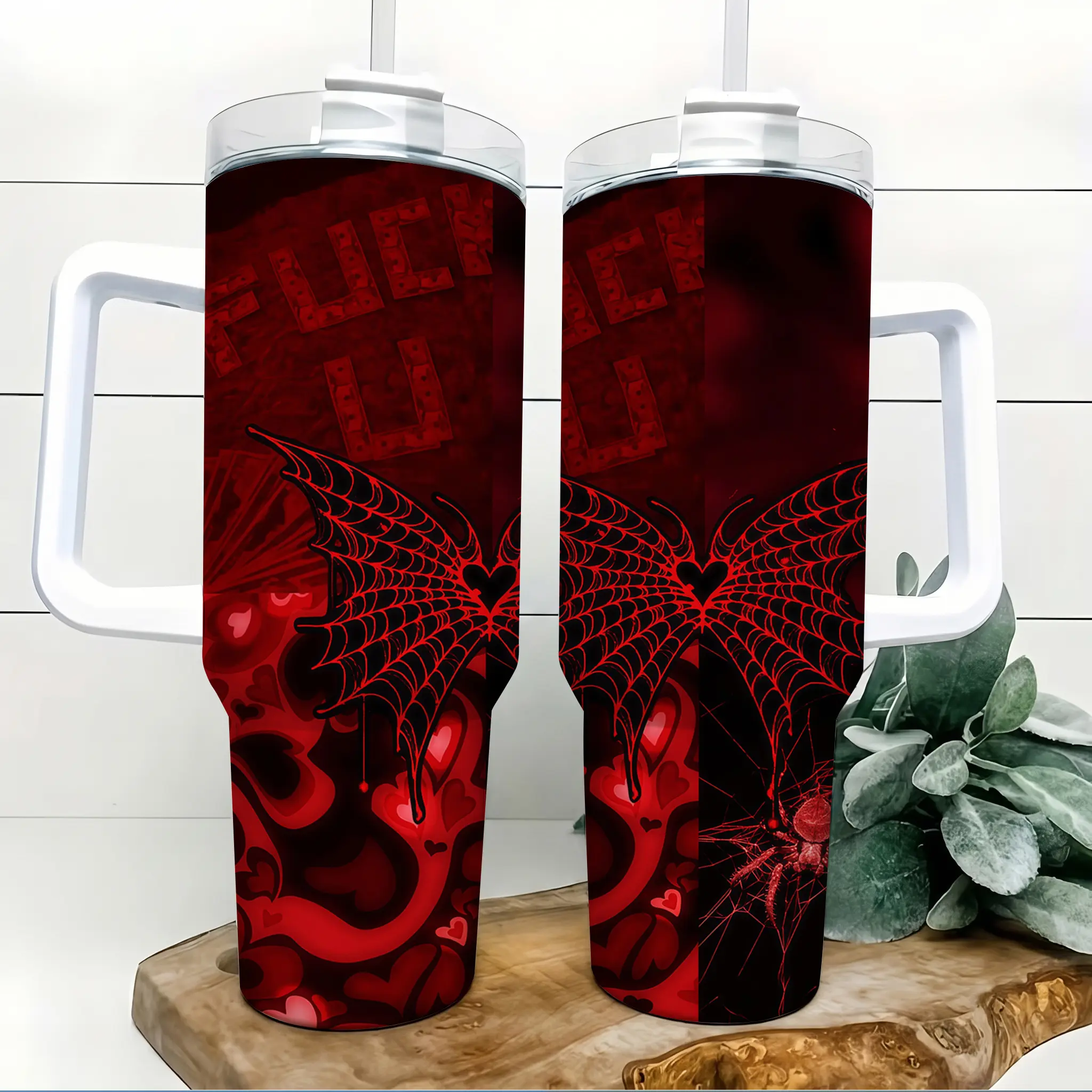 Red Black Spider Web Bat Gothic 40oz Insulated Tumbler With Handle And Straw, Dark Halloween Vampire Style Stainless Steel Water Bottle, Spooky Travel Mug For Gym Car Commute Office Birthday Gift