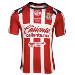 Chivas25/26 Jersey for Fans - Red and White Striped Soccer Shirt with Caliente and Mercado Pago Logos