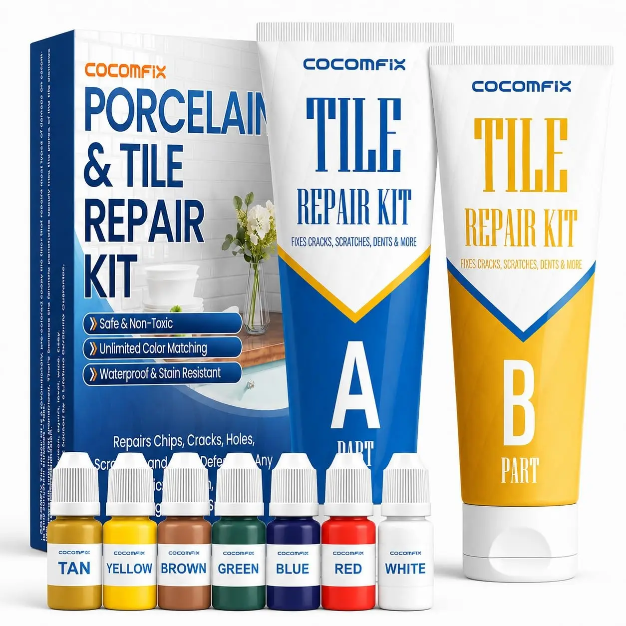 Tile Repair Kit, Color-Matching Ceramic & Porcelain Tile Chip and Crack Repair Kit, Strong Adhesion Filler for Floor & Wall Tile Chips, Cracks, Holes, Scratches, Acrylic & Fiberglass