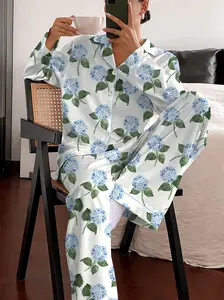 Women’s Hydrangea Bloom Blue Hydrangea Watercolor Flower Latin Pajama Set, Perfect Gift For Mother's Day, Short Sleeve & Long Sleeve, Soft Breathable Sleepwear, Gift For Mom, Grandmother, Sister, Girlfriends