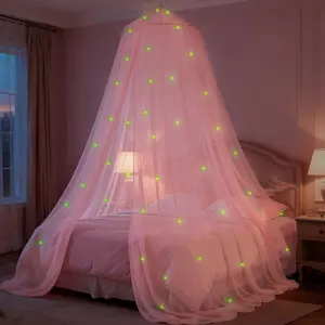 Pink Bed Canopy for Girls with Glowing Stars Canopy Bed Curtains Fits Single Twin Full Queen Size Kids Princess Bed Canopy Bedroom Accessories Netting Room Decor Ceiling Tent Girls Gifts Glow-in-the-Dark Star Design