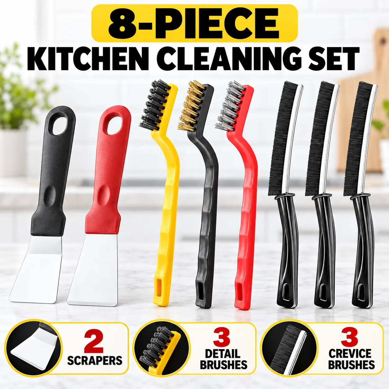 8 Piece Kitchen Cleaning Brush Set, Grout Cleaning Brushes with Scrapers, Crevice Cleaning Tools for Bathroom Tile, Kitchen Sink, Stove, Window Tracks, Corners and Hard-to-Reach Gaps, Household Deep Cleaning Supplies