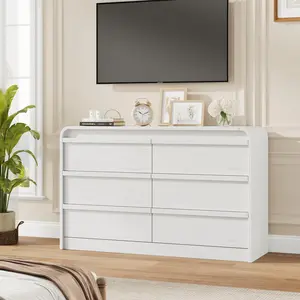 White Farmhouse TV Stand for Living Room, Entertainment Center with 6 Storage Drawer & Curved Profile Design, Wooden Media Console Table for 75 Inch with Storage Compartments,