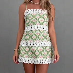 Womens Floral Print Lace Trim Mini Dress Spaghetti Strap A Line Summer Sundress Cute Vacation Beach Outfit