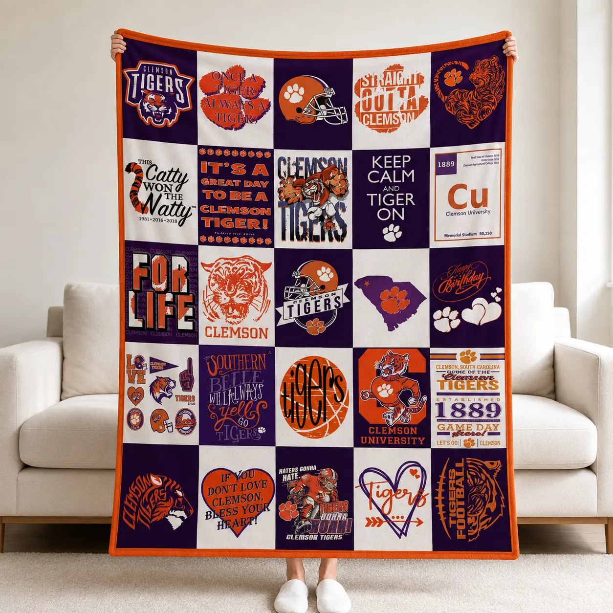 Clemson Tigers Fleece Blanket, Clemson University Football Throw Blanket, Purple Orange College Sports Bedding, Tigers Fan Gift, Game Day Decor, Dorm Room Blanket, Tailgate Gift, Graduation Gift, Christmas Gift for Clemson Fans