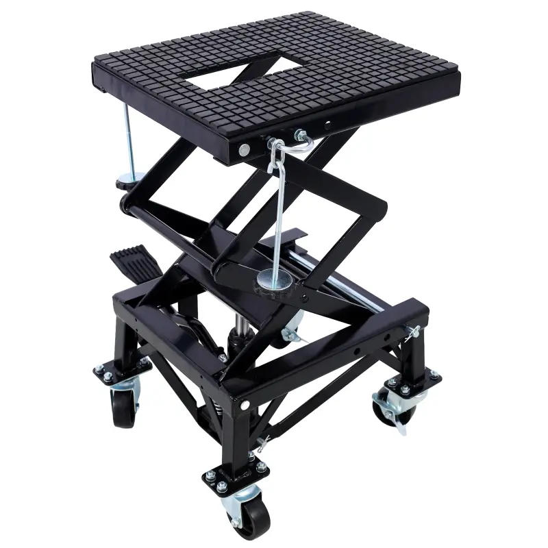 300,350 lbs Hydraulic Motorcycle Scissor Jack Lift Foot Step Wheels for Small Dirt Bikes,Equipped with pedal wheels for easy movement, the scissor structure is stable and does not tip over, and hydraulic lifting does not require waist lifting