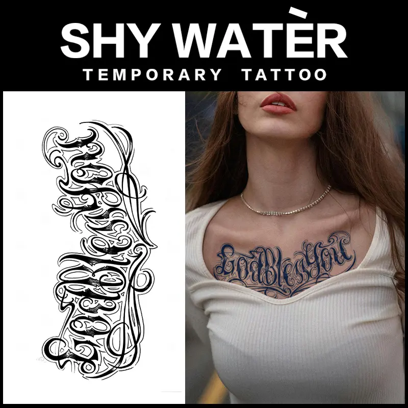 Chicano Cursive Letter Chest Temporary Tattoo Stickers - 2 Sheets Semi-Permanent Waterproof Realistic Fake Tattoos, Single Item for Men Women, All Skin Types Ideal for Swimming, Party, Chest Collarbone Sternum
