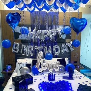 Blue and Silver Birthday Balloon Set, 1000 Non-Woven Petals, Happy Birthday Banner Letters, Love Heart Alum Foil Balloons, Romantic Party Decor, Balloon Decorations Kit