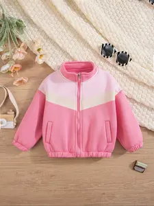 Autumn and winter girls' fashion long-sleeved coat casual three-color patchwork fleece zipper jacket cute baby girl's small stand-up collar fleece cardigan are suitable for going out Baby Clothes Girl