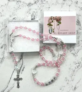 Pink silver crystal rose name rosary