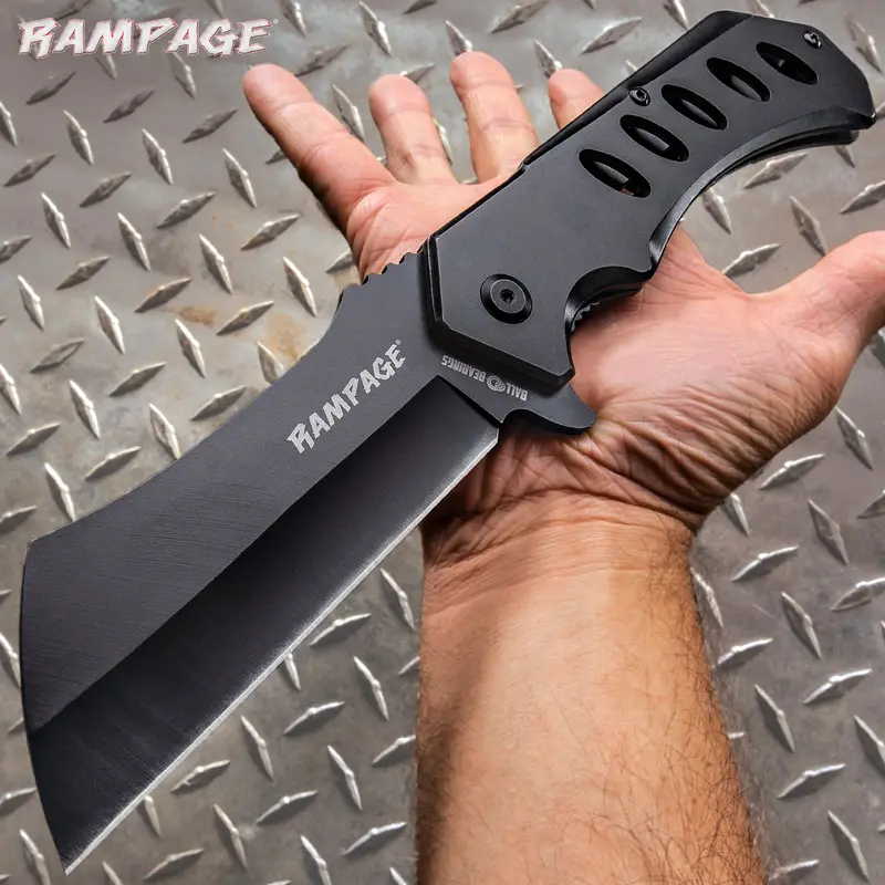 Rampage Black Cleaver Pocket Knife - Stainless Steel Blade, Ball Bearing Assisted Opening, Stainless Steel Handle - Length 12”