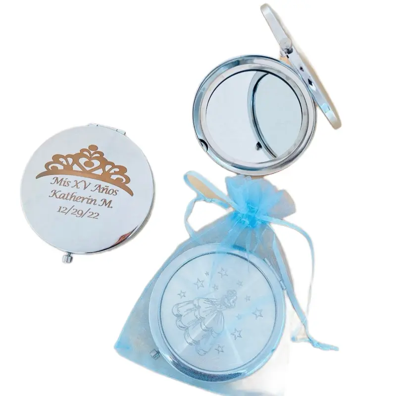 12pcs Inscribed Message Compact Mirrors, 3in Double-Sided Quinceañera Favors, Custom Engraved Mis 15 Años Design, Compact and Convenient, Includes Free Bags, Easy Gifting for Guests