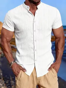 Men's Summer Short Sleeve Shirt, Lightweight Breathable Solid Color Stand Collar Button Up Top, Perfect for Beach Vacations & Pool Parties