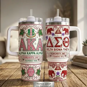 Sorority 40oz Tumbler with Handle | AKA Alpha Kappa Alpha & DST Delta Sigma Theta Bling Rhinestone Insulated Travel Mug | Greek Life Sisterhood Gift