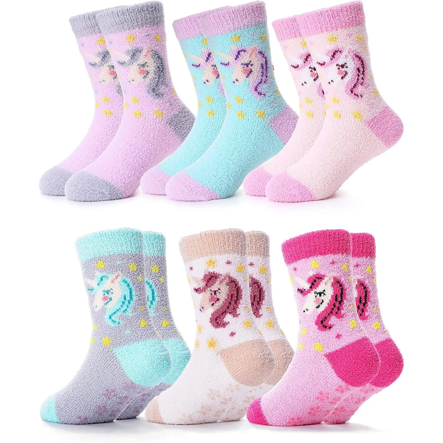 F-SOK23  Kids Girls Toddlers Fuzzy Socks with Grips Non Slip Slipper Socks Fluffy Cozy Cabin Plush Warm Crew Socks 6 Pack