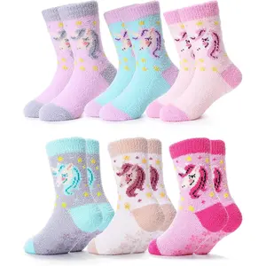 F-SOK23  Kids Girls Toddlers Fuzzy Socks with Grips Non Slip Slipper Socks Fluffy Cozy Cabin Plush Warm Crew Socks 6 Pack
