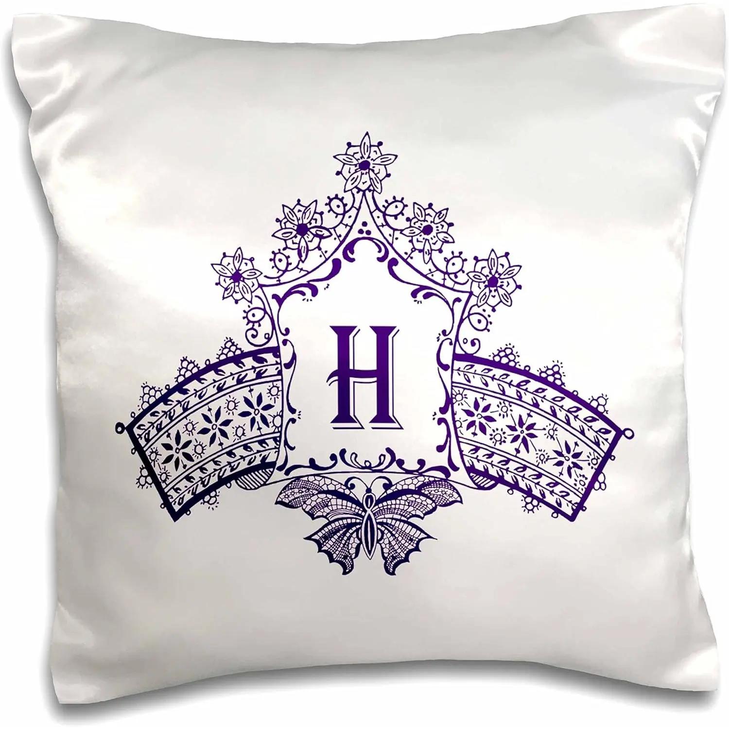 16x16 in 3D Rose Motif Floral Pillow Case - Purple Diadem, Monogram Initial H, Butterfly Detail Bedding Linen, Machine Washable, Letters Accent