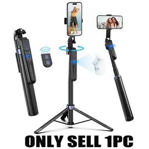 AI Selfie Stick Tripod, 360° Rotation & Dual Ring Fill Light Telescopic Pole, Remote Control, 4-in-1 Multi-function Modes for iPhone & Android Smartphones
