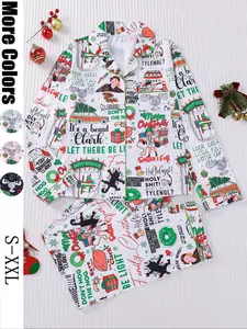 【Christmas Pajamas】It's A Beaut Clark Christmas Women's Set, Long Sleeve Button Front Top & Elastic Pants, Soft Comfortable Holiday Sleepwear & Loungewear for Women