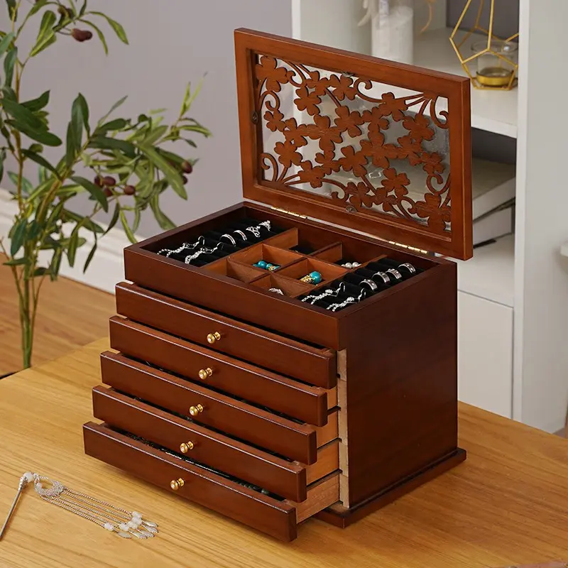 CNCEST Vintage Wooden Dustproof Rectangle Jewelry Cabinet Box - Universal Tabletop 6-Layer Multilayer Storage Organizer with Carved Flower Design, Drawers, 31x20x24.5 cm (12.2x7.9x9.6 in), 6.06 lbs (2.75 kg) for Bedroom, Mom Gifting