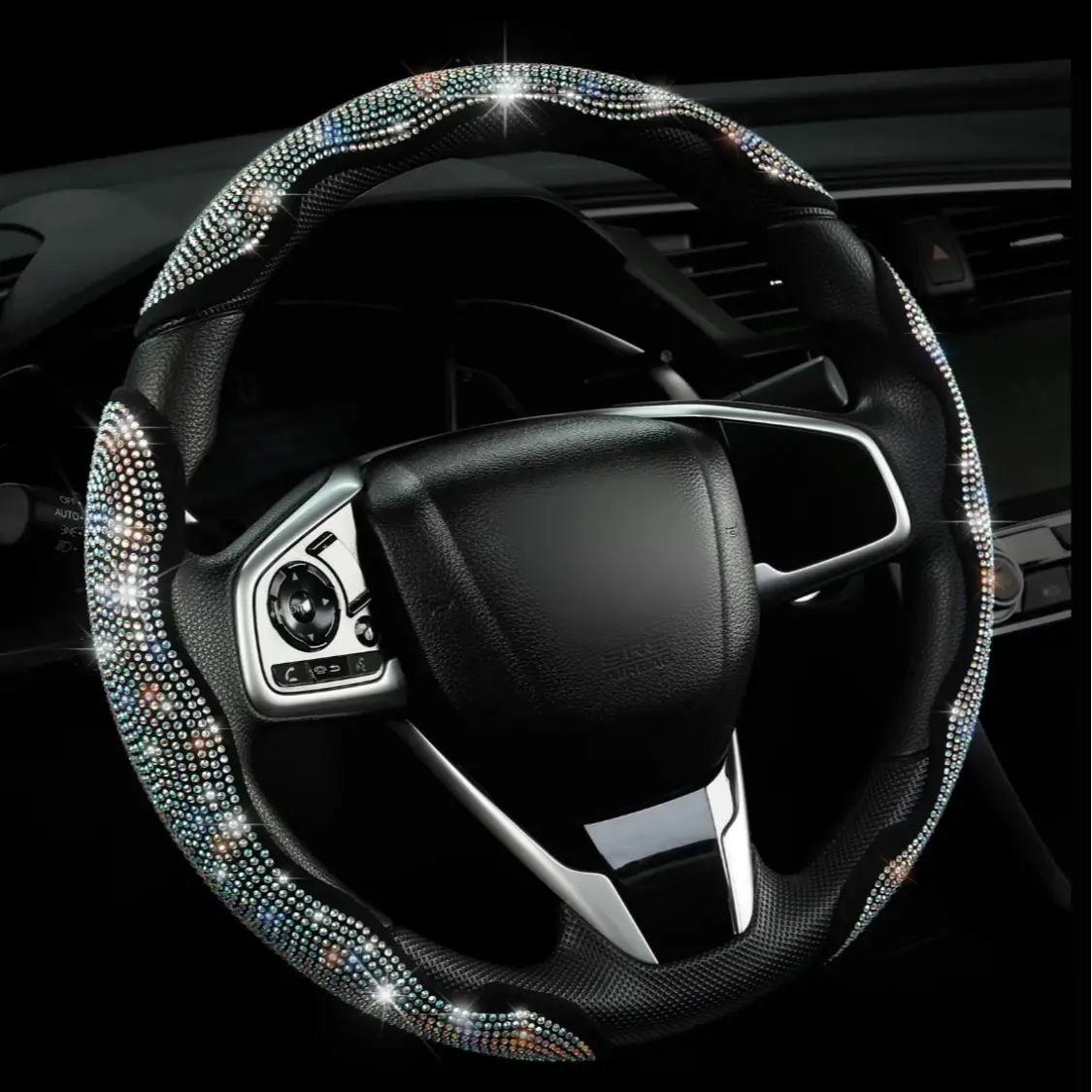 Women's Sparkly Crystal Rhinestone Steering Wheel Wrap, Glamorous 3 Pieces Car Accessories, Anti-Sweat Comfort Grip, Universal Fit Premium Quality All-Season Protective Auto Interior Upgrade for Driving, Steering Wheel Cover non-slip use design modern