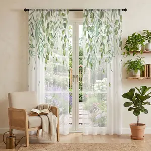 2-Pack Fresh Willow Leaf Sheer Curtains, Minimalist 2D Print Drapes, Sheer Printed Curtains, Rod-Pass Through, All-Season Use, Living Room, Balcony, Bedroom