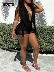 DOUCIU Summer Beach Vacation Yacht Pool Party Tight Sexy Hot Cool Women's Thin Mesh Patchwork Transparent Mini Bodycon Pure Color Halter Dress