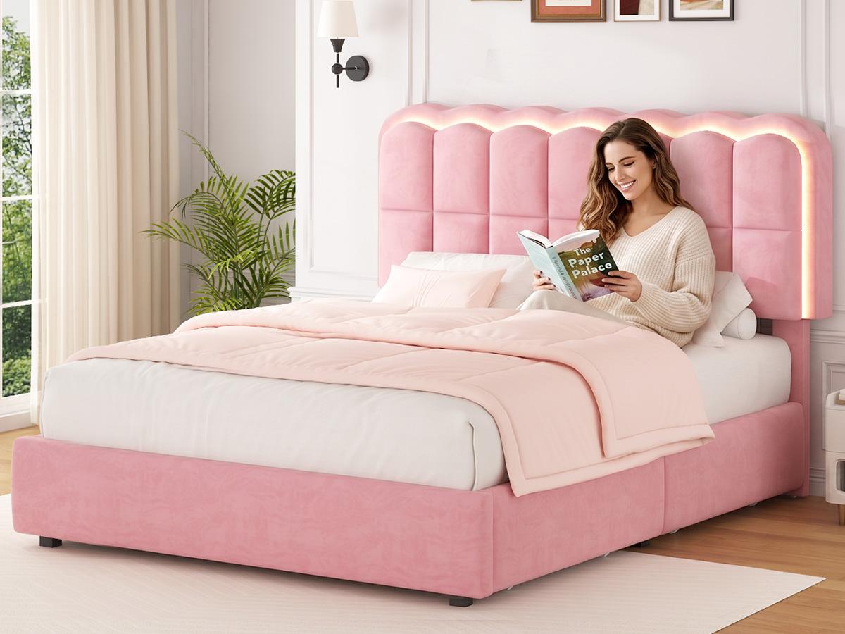 Mraeer Modern Bed Frame with 4 Big Storage Drawers for Queen/Full/Twin Size, Luxury Upholstered Platform LED Bed Frame with Built-in Charging Station & Shelf on Headboard - Contemporary Furniture, Dorms, Attic, Guestroom, 1000LBS Capacity