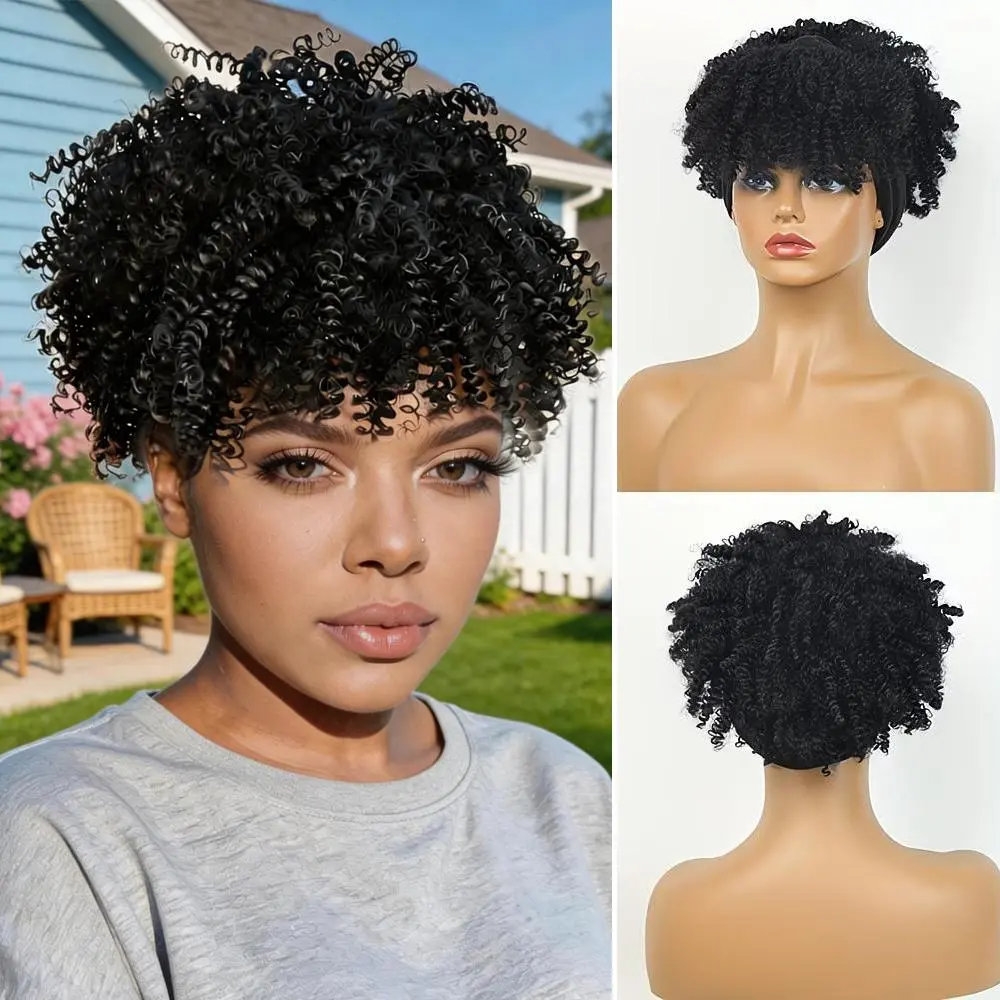 Women's 2-in-1 Glueless Turban Wig - 8 inch Afro Kinky Curly Synthetic Full Machine Wig, High Puff with Bangs, PE Material Drawstring Headwrap for Holiday Parties