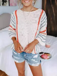 Breezy Lane Women's Striped Round Neck Cover Up Sweater, Casual Breathable Lightweight Knit Top, Knitwear for Summer Daily Wear, Sports & Outdoor Swimwear Surfwear Cover Up