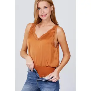 Lace Detail V-neck Woven Bodysuit in Light Rust