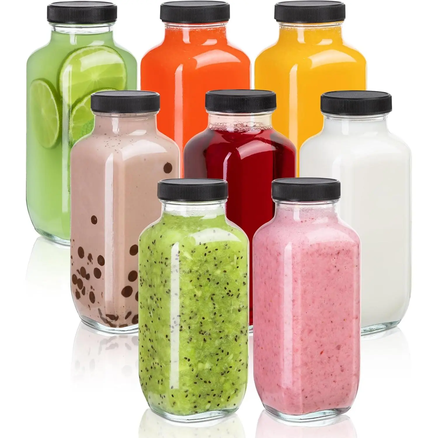 Juice Bottles with Lids, 16 Oz - Set of 8 - Clear Glass Jars with Caps -  Empty Drink Containers for Juicing, Smoothies, Water, Milk, Kombucha Storage, Wellness Shots and More (8)