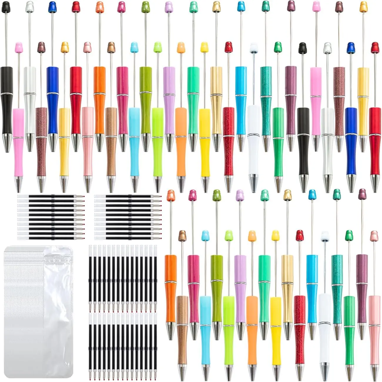 50 Plastic Beadable Pens with 50 Refills and 50 ba