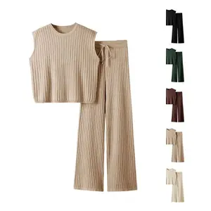 Ommig Women's 2 Piece Outfits Sweater Sets Knit Sleeveless Pullover Tops High Waist Pants Lounge Sets Tracksuits