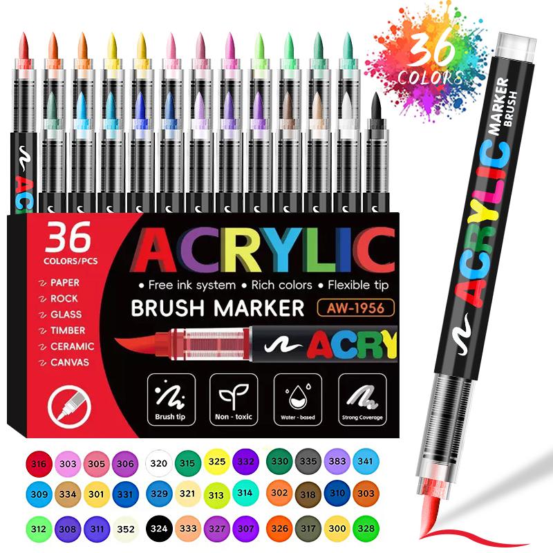 12/24/36/48 -Colors Acrylic Marker Pens - New Arrival! Multiple Colors For Choice, Office & Painting Supplies, High - End Set With Exquisite Packaging, Suitable For Gifting, For Professional Art Painting, Soft Brush Tip Art Marker Pens