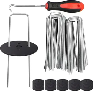 Weed Fabric Staples, 6 inch Landscape Fabric Pins Garden Staples with Gaskets Pick Hook, U Shaped Stakes for Ground, Gardening, 50 Pack